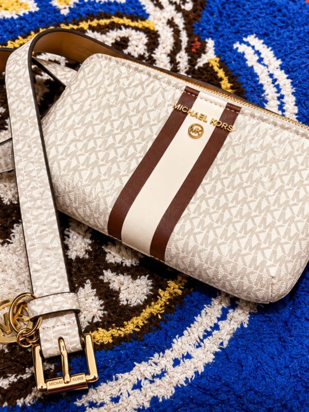 Michael Kors Cream Logo Crossbody with Brown Stripe and Gold Hardware